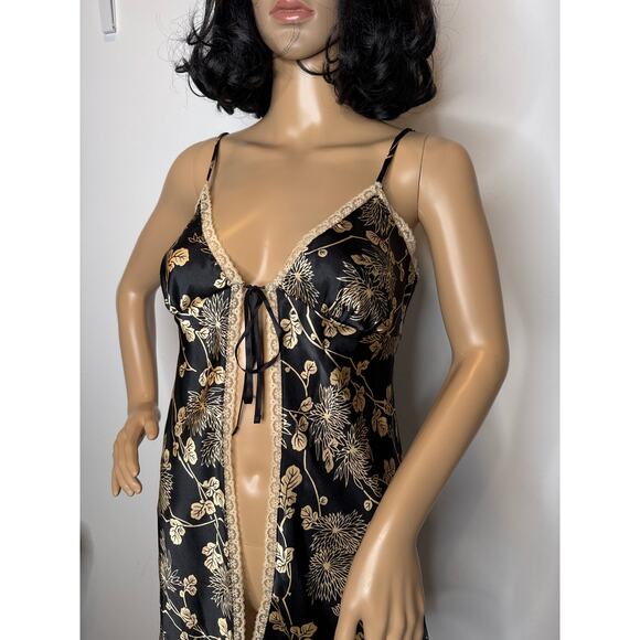 Victoria’s Secret Black Gold Floral Satin Open-Front lace trimTop Slip dress S - Picture 8 of 14